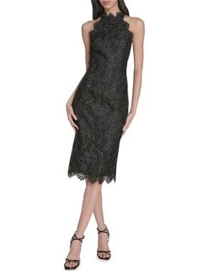 Eliza J Black & Gold eyelash Lace High-Neck Midi Dress